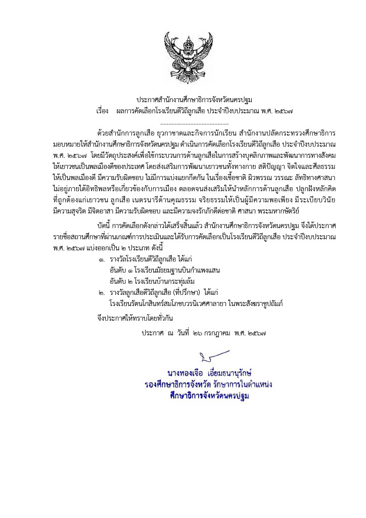 ผลการคัดเลือกโรงเรียนดีวิถีลูกเสือ ประจำปีงบประมาณ พ.ศ. 2567